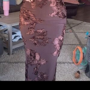 Floral Velvet Flocked Midi Skirt - Chocolate Brown